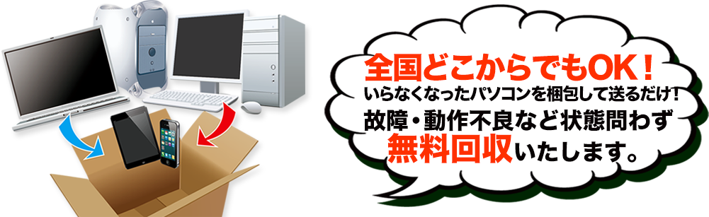 不要になったパソコンを宅配キットで送るだけ！！故障・動作不良のパソコンも無料回収いたします。